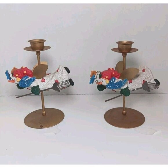 Vintage Pair of Metal Trimmed Plaster Snowman Metal Candlestick Holders - Picture 1 of 6